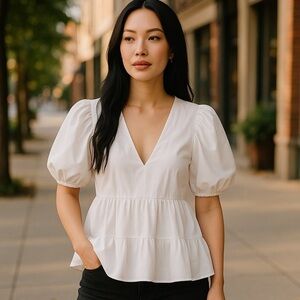 🌿Women’s White V-Neck Puff Sleeve Babydoll  White Blouse Size M